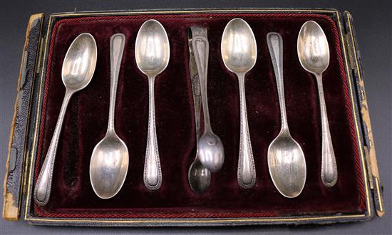 6 Edwardian silver coffee spoons and tongs, cased